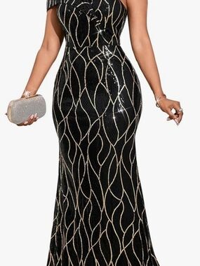 Cololura Black Sequin Evening Gown with Gold Wave Detail